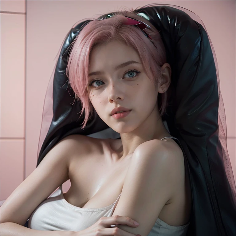 young woman, short shoulder-length pink hair, wide forehead, porcelain skin, pink eyebrows, big emerald green eyes, buttoned nose, full lips, heart-shaped face, slender body, small breasts, red tank top, Sakura Haruno , realistic, realism, details, 3d, well detailed
