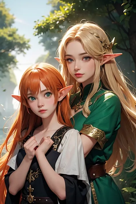 (masterpiece), best quality, expressive eyes, perfect face, two adventurer girls, ( 1 girl, elf ears, blond hair, green eyes, gr...