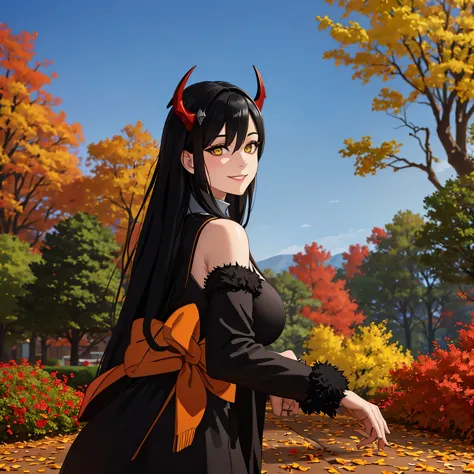 (a woman wearing a black fur coat,autumn themed park,leaves falling to the ground,houses in the background,trees around,black ha...