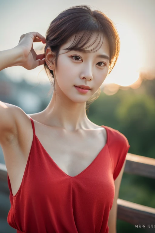 good hand,4k, High resolution, masterpiece, highest quality, head:1.3, (korean idol), delicate skin, sharp focus, (cinematic lighting), clavicle, morning, soft lighting, medium hair, dynamic angle, [:(detailed face:1.2):0.3], wrinkles under the armpits, thigh gap, Red clothes, thin, outdoor