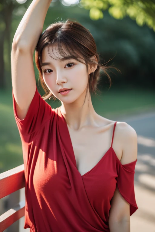 good hand,4k, High resolution, masterpiece, highest quality, head:1.3, (korean idol), delicate skin, sharp focus, (cinematic lighting), clavicle, morning, soft lighting, medium hair, dynamic angle, [:(detailed face:1.2):0.3], wrinkles under the armpits, thigh gap, Red clothes, thin, outdoor