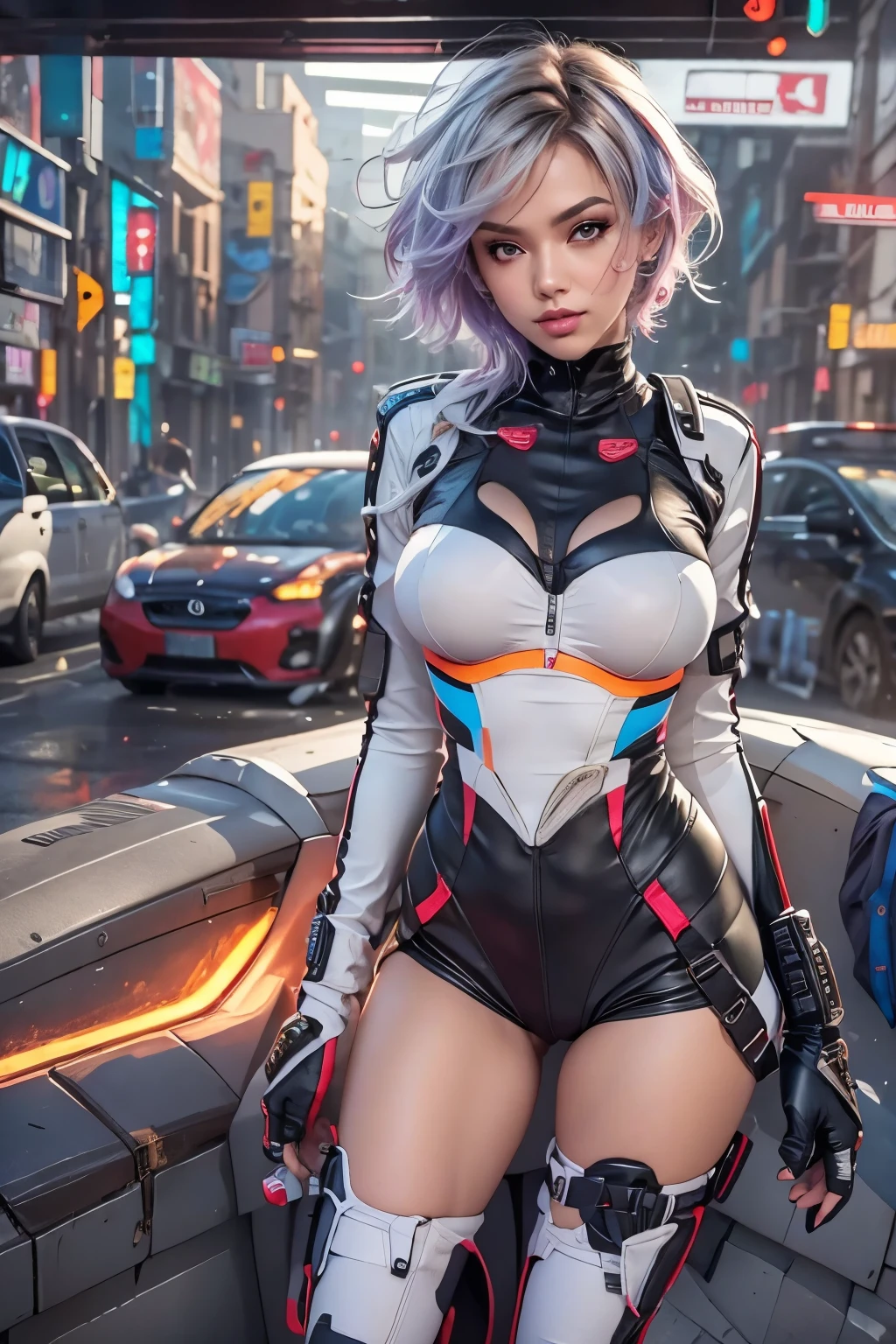 (extremely detailed CG unity 8k wallpaper), (ultra-detailed), masterpiece, best quality, lucy (cyberpunk), bodysuit, solo, breasts, cyberpunk city, multicolored hair, short hair, looking at viewer, medium breasts, black bodysuit, grey eyes, hip vent, clothing cutout, thigh gap, covered navel, white jacket, bare shoulders, short shorts, couch,