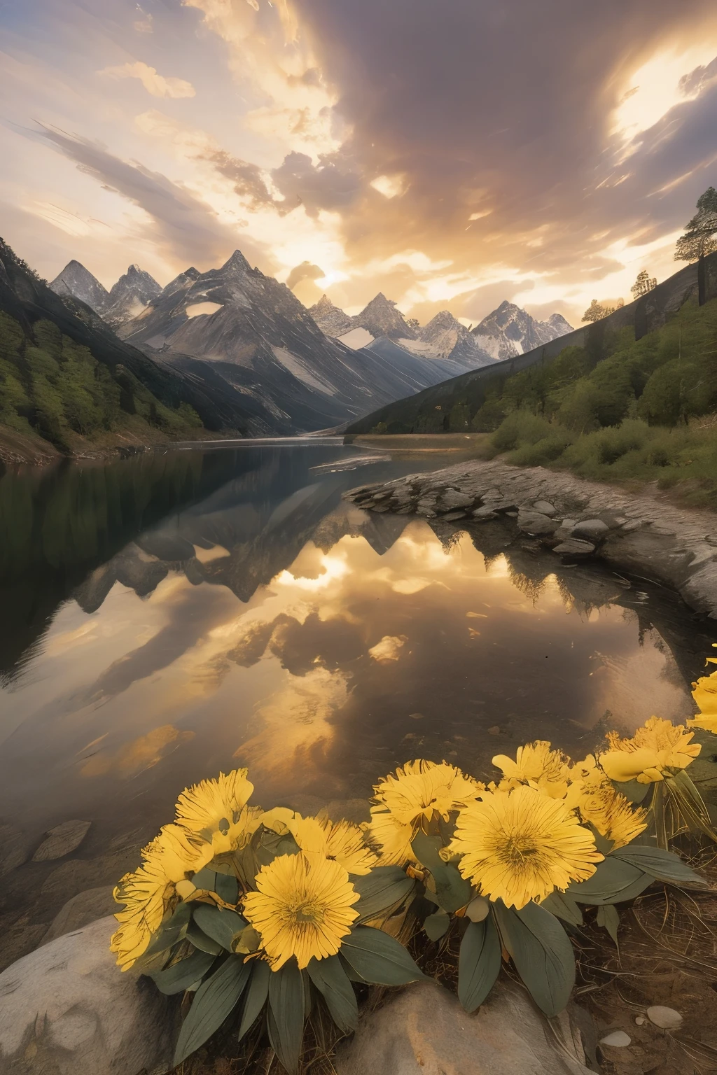 (best quality, 8K, highres, masterpiece:1.2), stunning sunset over majestic mountains, crystal clear lake reflecting the vibrant colors, blooming flowers in the foreground, capturing the essence of nature's beauty, extreme depth and perspective, every detail meticulously captured, reminiscent of National Geographic photography, HDR lighting to enhance the atmosphere, vibrant and vivid colors, bringing the scene to life, a breathtaking masterpiece that has won numerous awards.