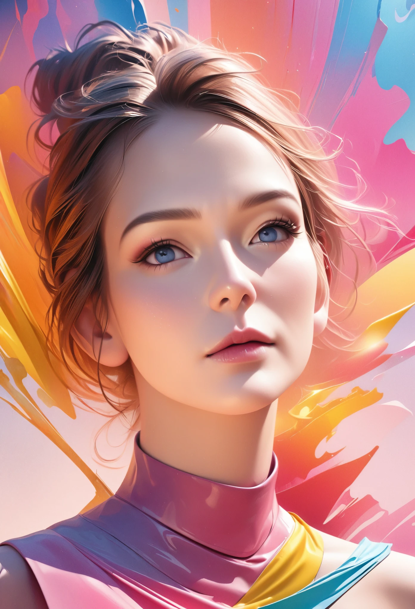 (best quality,4k,8k,highres,masterpiece:1.2), ultra-detailed, (realistic,photorealistic,photo-realistic:1.37), vector, flat style, illustration, digital art, 1girl, unique, beautiful face, portrait, shoulder, beautiful hands, it, concept, abstract, vivid colors, studio lighting, bright colors, soft lighting, colorful background