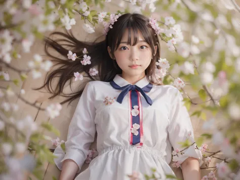 Arafed woman in sailor suit lying on fallen cherry blossom petals，Real young gravure idol, Photos taken with Sony α7R, anime. so...