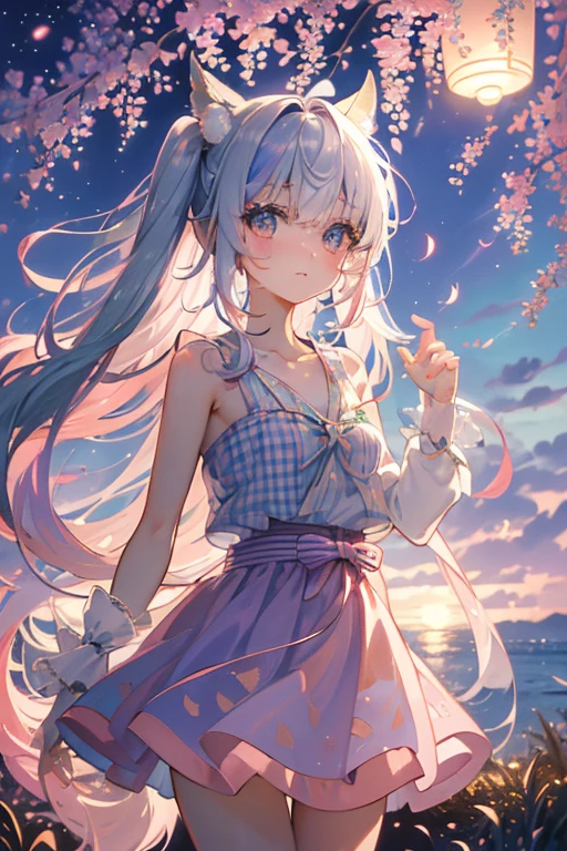 (rainbow colored hair, colorful hair, Half is silver、half pink hair: 1.2), ,long hair、(Cinematic digital artwork: 1.3), high quality, table top, Turquoise eyes、Highest quality, Super detailed, figure, [4K Digital Art]!!、 Kyoto animation style, one woman, The beauty of clavicle, clavicle, light, want, , positive, Dead leaves dance、（Ocean、sandy beach）、full moon、On a tree-lined street、taking a walk、((purple、trendy clothes))、（（silver、checked unset, motivation,shine, dynamic perspective、Blue glasses、Green ribbon、twin tails、embarrassed face、cute face、happy face