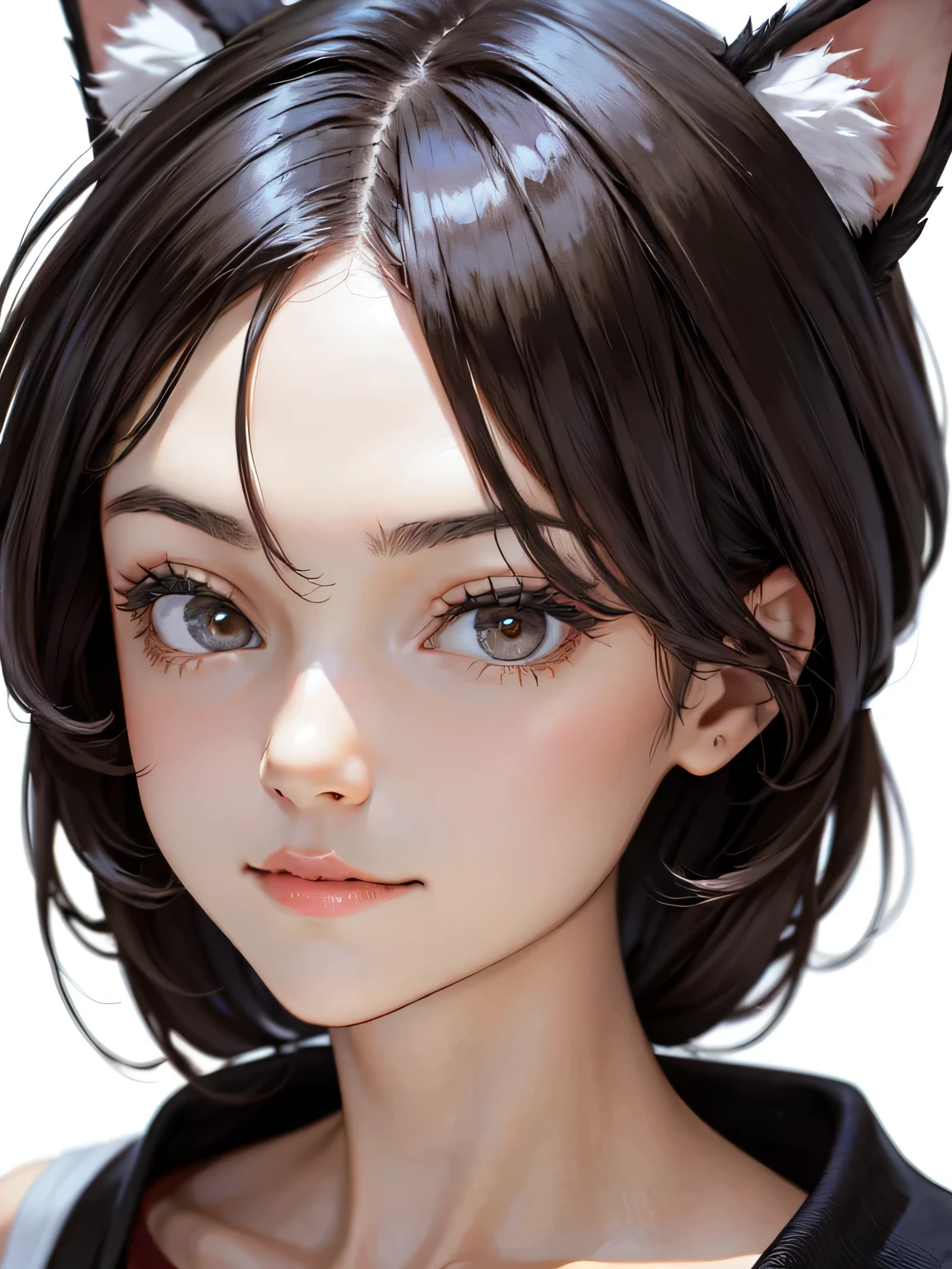 very young slim fit girl, full height, rounded face, very short disheveled dark blue hair, big yellow eyes, shy smile, perfect flat breast, band on head with fake cat ears, look at you, (ahoge:1.2), megane, (white wall, simple scene, white backgrounds, clean scene:1.4), sashagrey, a strand of hair from the bangs hangs between the eyes, accurate small snub nose 