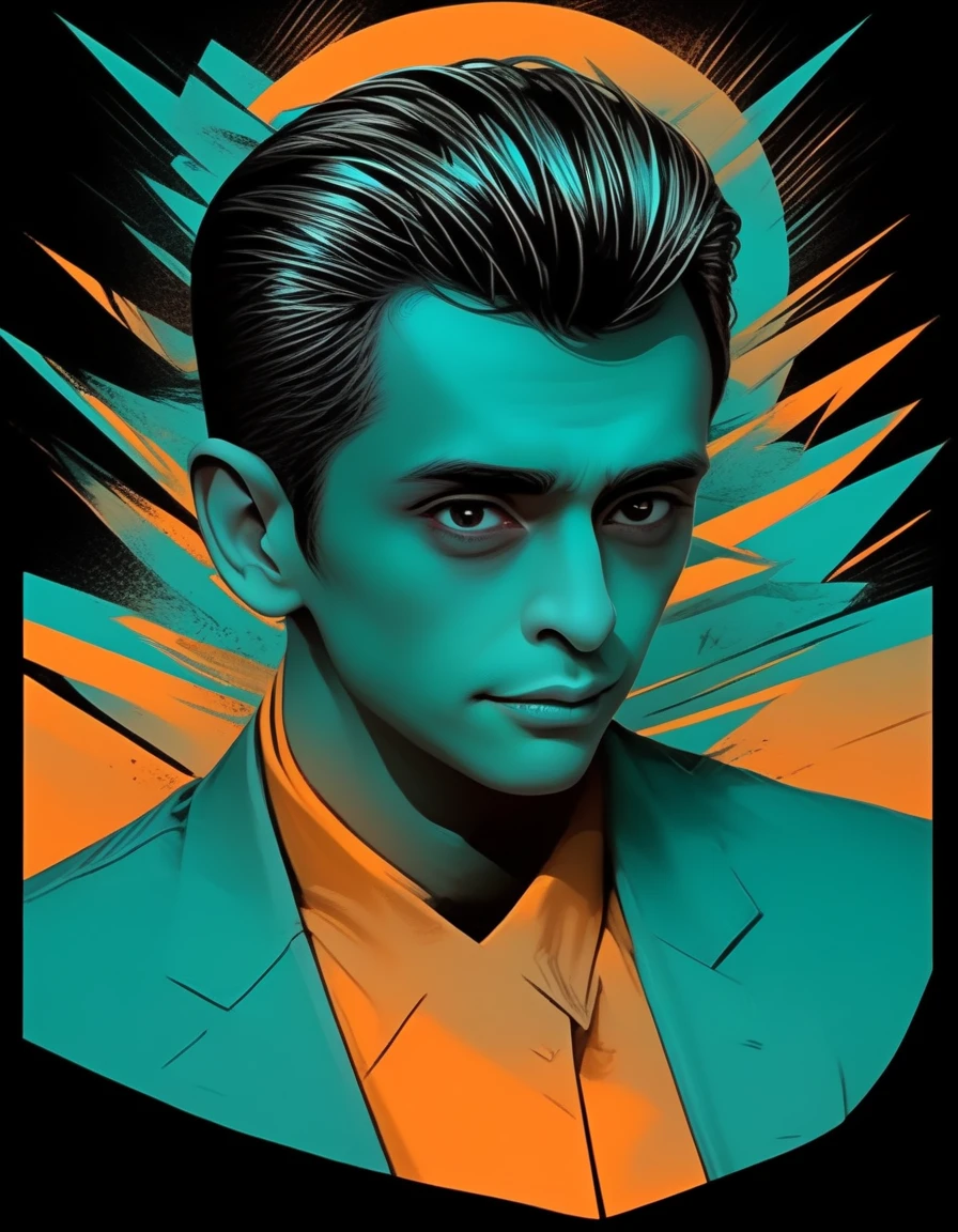 A  man mixed with tosca and orange gradient ,dramatic look, vector style for t-shirt,ultra detailed,vibrante colors,comic boock,carton style,ceo