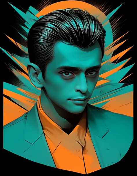 A  man mixed with tosca and orange gradient ,dramatic look, vector style for t-shirt,ultra detailed,vibrante colors,comic boock,...