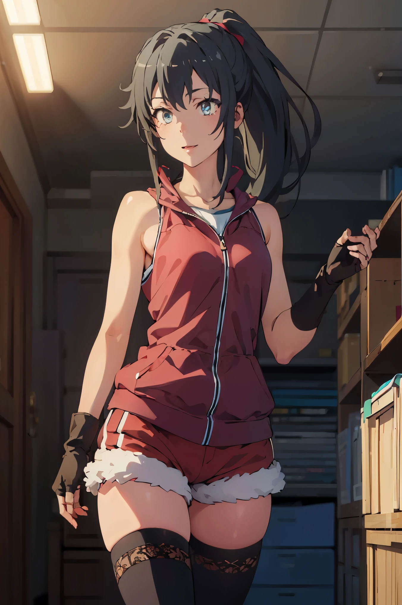 Anime girl in red dress standing in a library with books - SeaArt AI