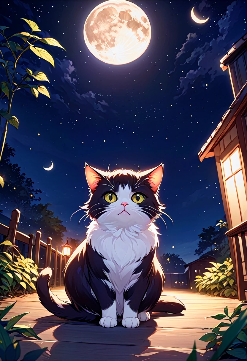 Chat noir sur le toit la nuit en regardant la lune en Full HD