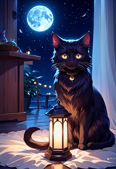 Gato preto no telhado a noite olhando pra lua full hd