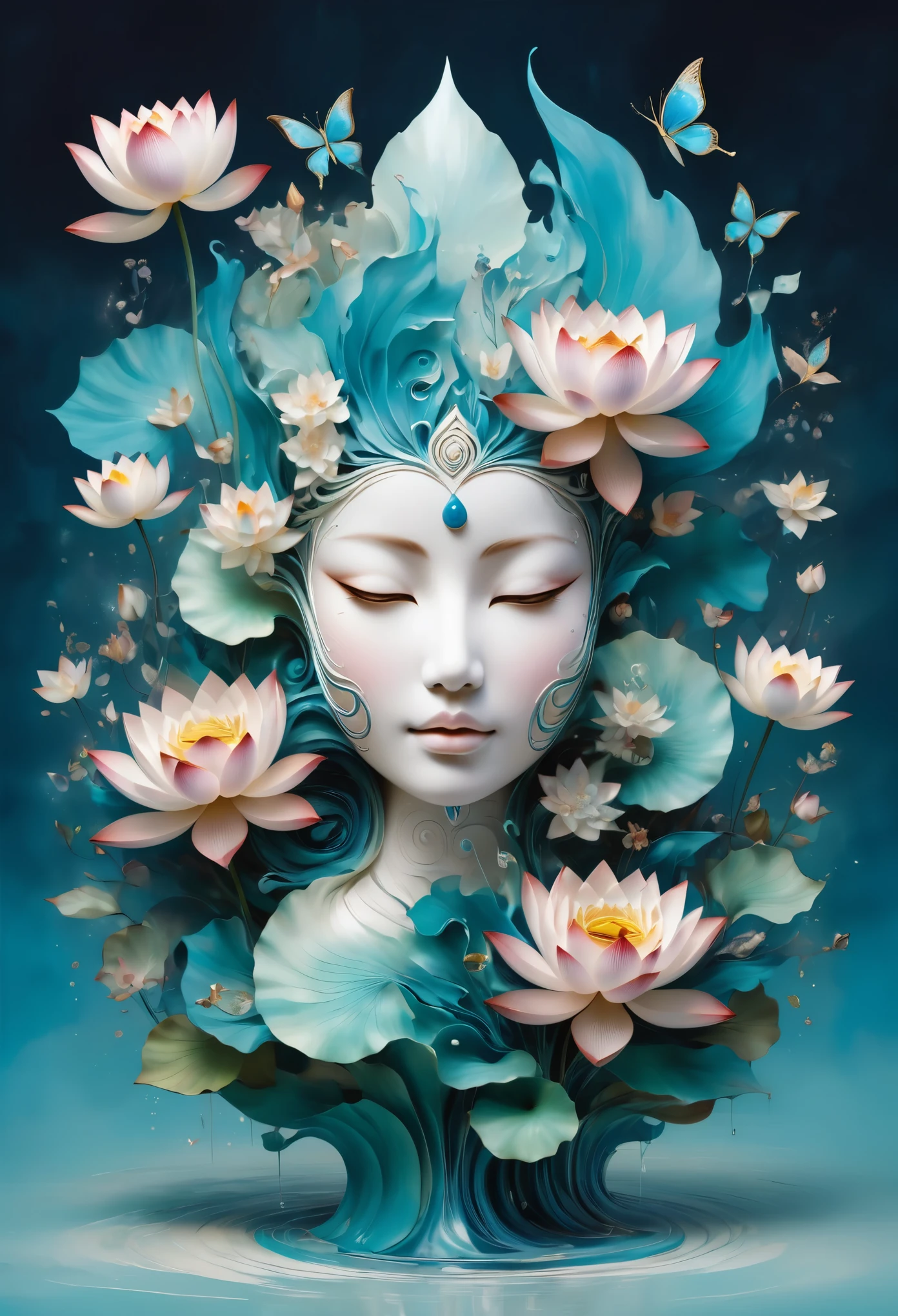 Imagine a tranquil scene inspired by Buddhist philosophy，A vibrant lotus flower stands against a background of intense turquoise tones。The lotus symbolizes purity and enlightenment，Complex petals bloom，exudes a sense of tranquility。As you gaze deeper into the image，You will notice an arrangement similar to a mandala，The constellations are arranged elegantly。A fusion of Buddhist symbolism with astrological elements，consistency，Induce contemplation and a timeless sense of connection。(The sculpture is surrealist and realist: 1.5), (Kaneko，Blue and white porcelain mask)， (metal wings: 1.2), (Fox futuristic mask: 1.2), (Internet pop kawaii fractal art: 1.6), (Tobias Gramler (Tobias Gramler) Art style，smooth shapes: 1.6), (Organic geometric mixture: 1.6),ultra high resolution: 1.4),(particle effect: 1.4), (depth of field: 1.4), (geometric-dotist abstraction: 1.6), (generative fluid fractal algorithm: 1.6).