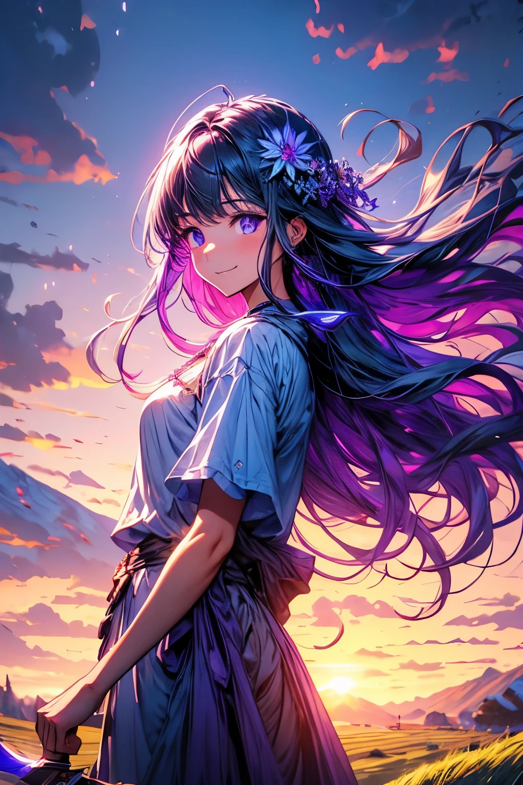 inflammation, blue aura, green aura, Purple aura, Maximum Sharpener, highest quality, Super detailed, masterpiece, fantasy world, sunset, gradation sky, Mountain, wide grassland, beautiful scenery, 1 girl, young girl, Milt model, long hair, gray hair, floating hair, blue flower hair ornament, Bright blue and purple eyes, white t-shirt, smile, knife, inflammationを囲む少女, Reach out to your audience