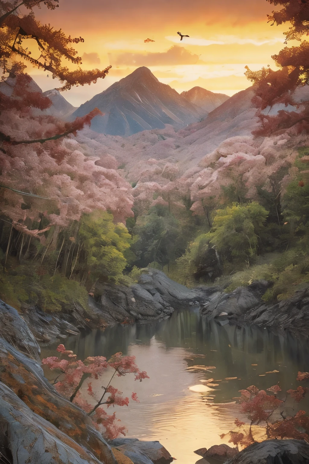 (best quality, 8K, highres, masterpiece:1.2), stunning sunset over majestic mountains, crystal clear lake reflecting the vibrant colors, blooming flowers in the foreground, capturing the essence of nature's beauty, extreme depth and perspective, every detail meticulously captured, reminiscent of National Geographic photography, HDR lighting to enhance the atmosphere, vibrant and vivid colors, bringing the scene to life, a breathtaking masterpiece that has won numerous awards.
