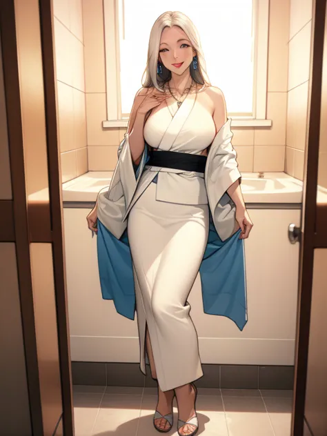 standing in the bathroom, excited, necklace, earrings, full body, long white hair, white kimono, that&#39;s excellent, ultra hig...