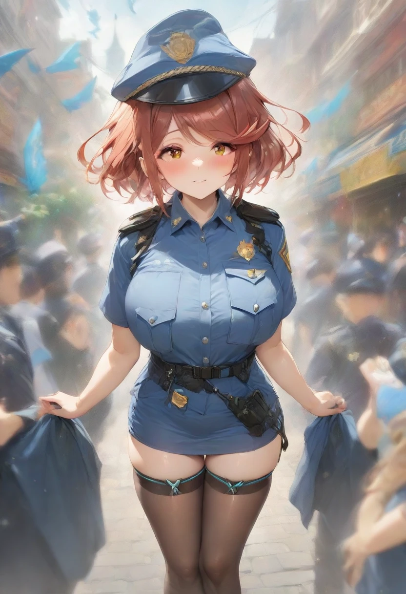 masterpiece, best quality, very aesthetic, absurdres, full body shot,(police costume:1.3), (button gap:0), police skirt, police cap, stockings with garter, on the crowed street, spirit of the wind, 1girl, pyra \(xenoblade\), xenoblade chronicles \(series\)