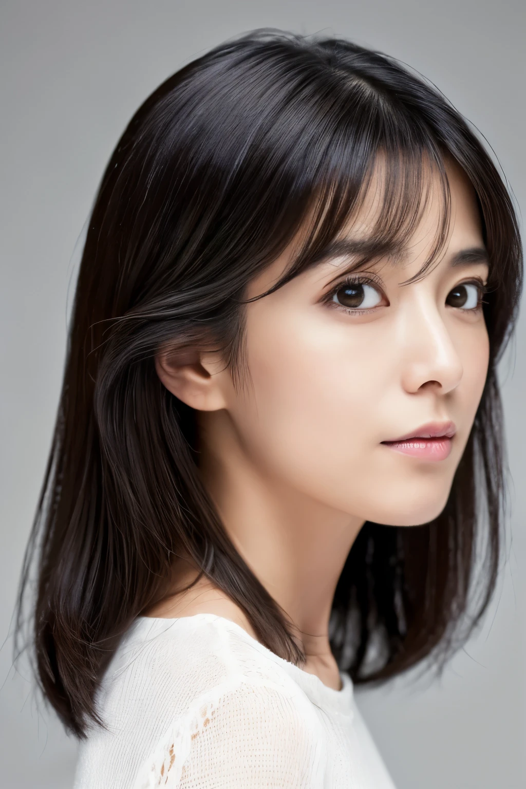 ((highest quality, 8K, masterpiece:1.3)), ultra high resolution, (photorealistic:1.4), raw photos, Skinny Japanese woman, age 30s, Cute face, (detailed face), (detailed eyes), (Highly detailed skin texture), black straight hair, shot from behind, actress, white blouse