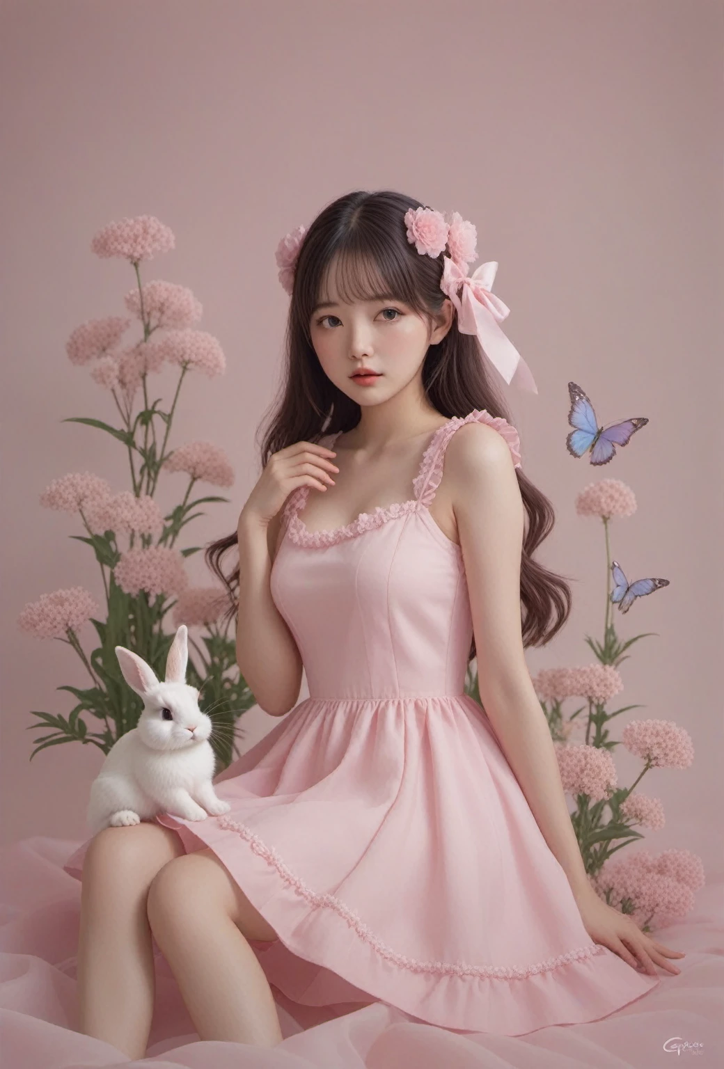 Arapé girl wearing a pink dress sitting in a flower field, ultrarealistic sweet bunny girl, 🌺 CG Society, fairy core, Guweizu, Exciting and cute aesthetics, Pink pastels, artwork in the style of Guweizu, bunny girl, Smooth animated illustrations,  dressed up, pastel pink, april&#39;expression, Cute realistic portrait,high quality,masterpiece