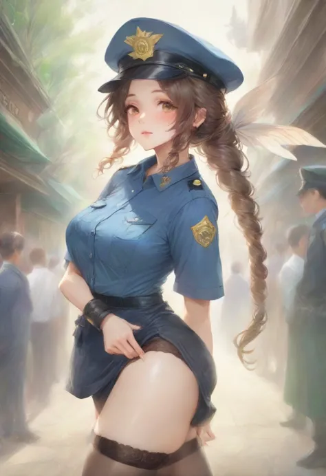 masterpiece, best quality, very aesthetic, absurdres, full body shot,(police costume:1.3), (button gap:0), police skirt, police ...