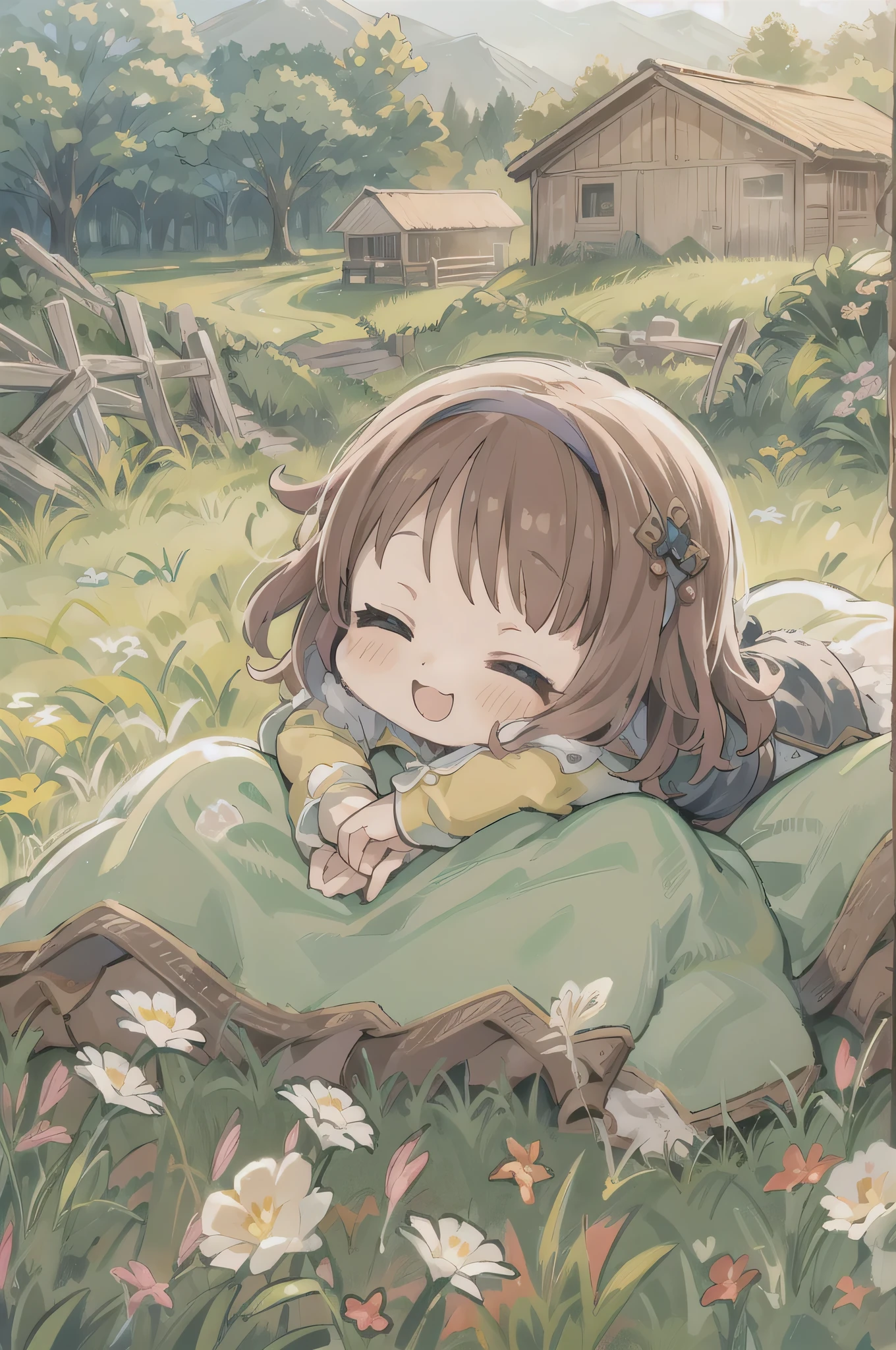 Anime girl laying on a blanket in a field with a barn in the background -  SeaArt AI