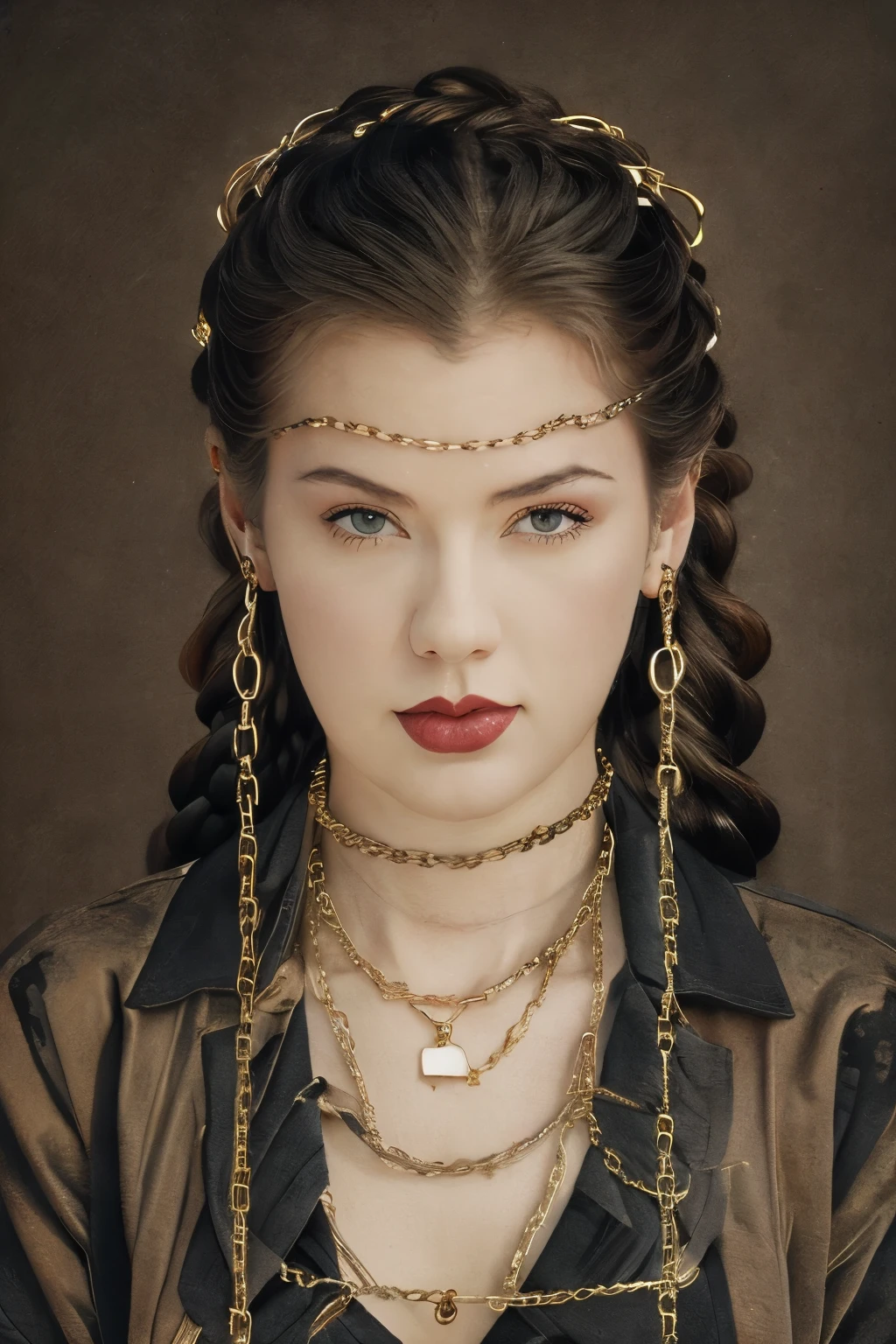 (best quality,ultra-detailed,highres,masterpiece:1.2),portraits,medium:makima and Taylor Swift's face,alone,red hair,long braids,beautiful golden eyes,fringe,medium-sized breasts,tie,looking,smiling,evil:1.2,looking at the viewer,intense, (dark background,chains:1.3)
