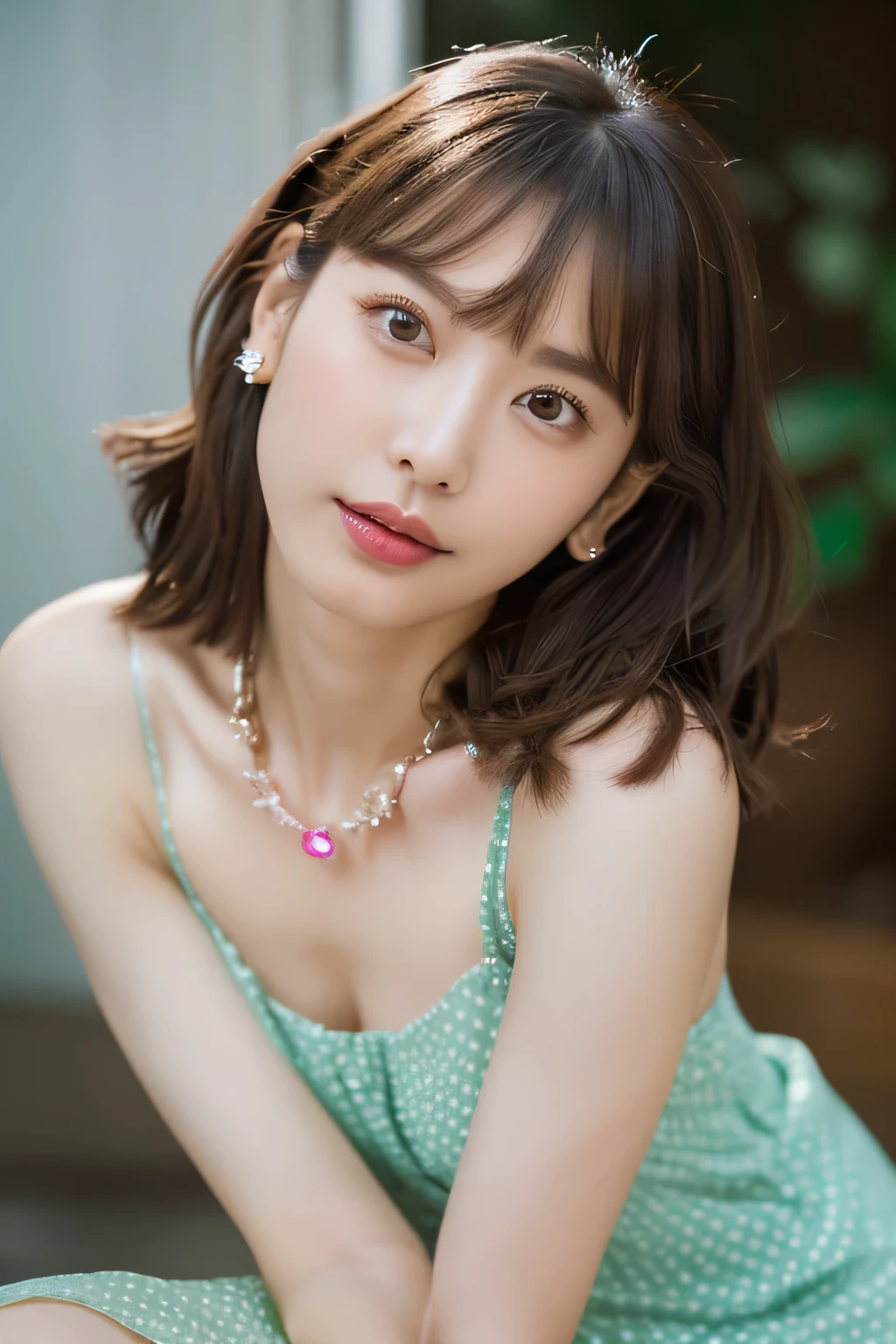 (highest quality, 4k, masterpiece :1.3), 
sharp focus, shallow depth of field, Bright colors, professional level, 
20-year-old, 1 person, (Japan and half Korean woman）, The face of a famous Japanese actress, 
Supple body :1.3, model body shape:1.5, perfect style：1.4, 
narrow shoulders, beautiful clavicle, long and thin legs, 
delicate body shape, The beauty of slim abs :1.2, thin waist :1.2, 
super detailed skin, Fair skin, Shiny skin, super detailed face, 
slim facial contour, beautiful small face, Beautiful lined nose, 
super detailed eyes, long slit eyes, brown eyes, double eyelid, Beautiful thin eyebrows, fine long eyelashes, 
super detailed lips, plump lips, glossy pink lips, flushed cheeks, beautiful teeth, 
Beautiful actress&#39;s ennui makeup, pink lipstick, 
dark brown hair, delicate soft hair, 
(hair up, medium short hair, ponytail:1.2), 
layer cut, (dull bangs:1.2), 
(stylish looking earrings,necklace,bracelet,shiny nail art:1.2), 
gentle smile, open mouth half way, Enchanted expression, stare at the viewer, 
(((photorealism,Shoot the whole body from the thighs:1.5))), ((The body is facing sideways)), 
Photographed directly from the front, cinematic lighting, dynamic lighting, 

(Dress up in a green polka dot dress:1.2), 