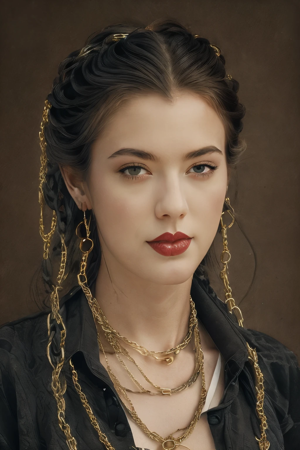 (best quality,ultra-detailed,highres,masterpiece:1.2),portraits,medium:makima and Taylor Swift's face,alone,red hair,long braids,beautiful golden eyes,fringe,medium-sized breasts,tie,looking,smiling,evil:1.2,looking at the viewer,intense, (dark background,chains:1.3)