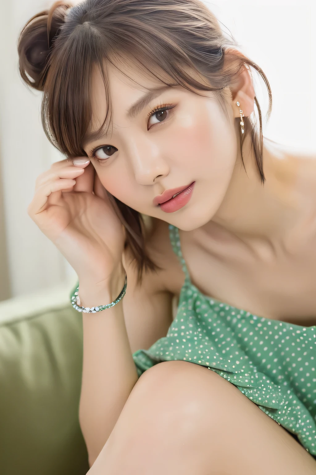 (highest quality, 4k, masterpiece :1.3), 
sharp focus, shallow depth of field, Bright colors, professional level, 
20-year-old, 1 person, (Japan and half Korean woman）, The face of a famous Japanese actress, 
Supple body :1.3, model body shape:1.5, perfect style：1.4, 
narrow shoulders, beautiful clavicle, long and thin legs, 
delicate body shape, The beauty of slim abs :1.2, thin waist :1.2, 
super detailed skin, Fair skin, Shiny skin, super detailed face, 
slim facial contour, beautiful small face, Beautiful lined nose, 
super detailed eyes, long slit eyes, brown eyes, double eyelid, Beautiful thin eyebrows, fine long eyelashes, 
super detailed lips, plump lips, glossy pink lips, flushed cheeks, beautiful teeth, 
Beautiful actress&#39;s ennui makeup, pink lipstick, 
dark brown hair, delicate soft hair, 
(hair up, medium short hair, ponytail:1.2), 
layer cut, (dull bangs:1.2), 
(stylish looking earrings,necklace,bracelet,shiny nail art:1.2), 
gentle smile, open mouth half way, Enchanted expression, stare at the viewer, 
(((photorealism,Shoot the whole body from the thighs:1.5))), ((The body is facing sideways)), 
Photographed directly from the front, cinematic lighting, dynamic lighting, 

(Dress up in a tight green polka dot dress:1.2), 