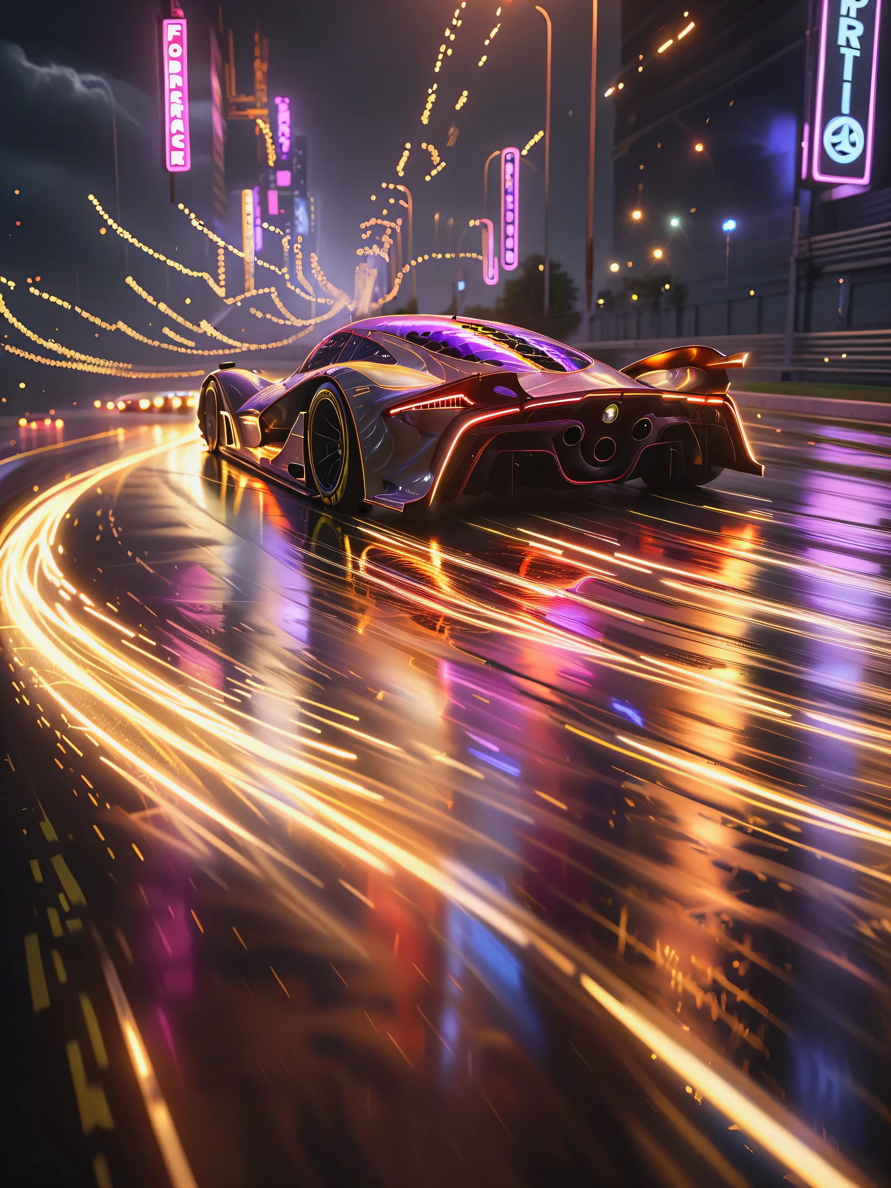 a dynamic perspective, perhaps from ground level or a low angle, to emphasize the speed and power of the racing cars as they zoom past. Use foreshortening to accentuate the sense of depth and movement,  glowneon, glowing, sparks, lightning 