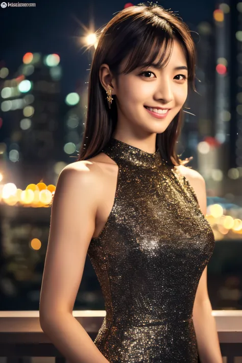 skinny japanese woman, age 30s, 1girl,(wearing a sleeveless glittery evening dress:1.2),(raw photo, best quality), (realistic, p...