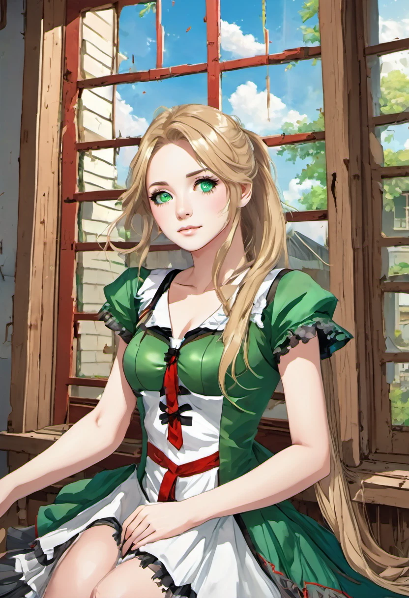 ((High quality)), ((Best quality)), ((Detail)), (Anime girl) with (long, ash-blonde hair with dyed-red tips at the bottom), (Blueish-Grey eyes), (Tan skin), (blushing), (wearing a green and white dress with black leggings, and green boots), (red feathered wings on back), (Standing in a abandoned and broken down house, while looking at a window)