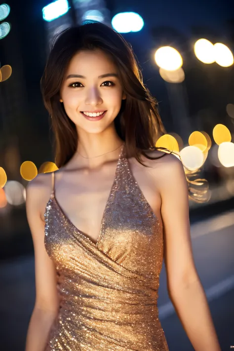 Skinny Japanese woman, age 30s, 1girl,(wearing a sleeveless glittery evening dress:1.2),(RAW photo, best quality), (realistic, p...
