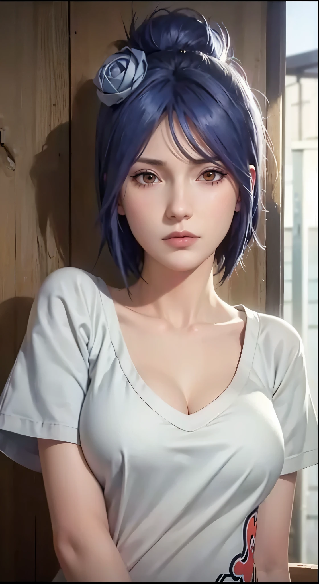 dark blue sky, many flying papers, 1 girl, ultra realistic, high res, highly detail, masterpiece, best quality, Konan of Naruto, close shot, looking at viewer, flying in the sky, sky background, konan, short hair, hair ornament, blue hair, flower, hair flower, (orange eyes:1.2), (labret piercing:1.2), eyeshadow,coat, cloak, black coat, black cloak, (akatsuki uniform:1.5), akatsuki \(naruto\), long face, oval face, 3 adult face