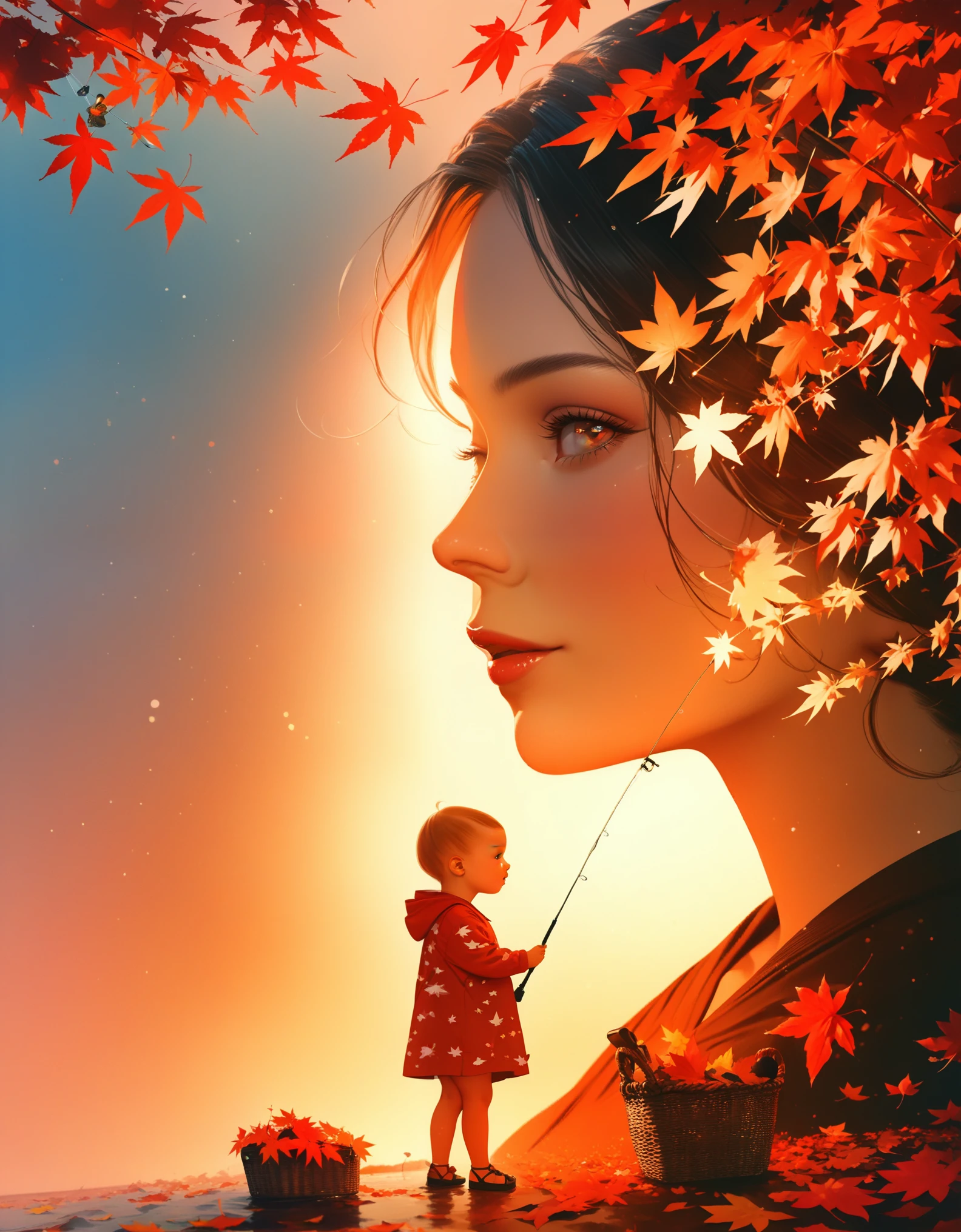 "(best quality, 4k, highres, masterpiece:1.2), realistic, detailed silhouette of a beautiful dancer's slender shadow on the ground, double exposure, vibrant and dynamic, baby, cute and chubby, lip print, red and kissable, fishing clothes, practical and comfortable, with fishing rod and basket, maple leaf, with vibrant autumn colors."