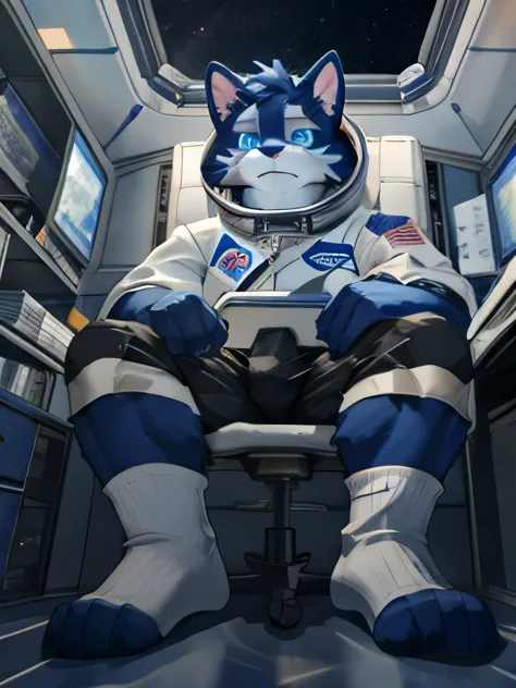 dark blue cat, nasa astronaut outfit, is wearing long socks and black,has light blue eyes, is sitting inside his spaceship, bulg...