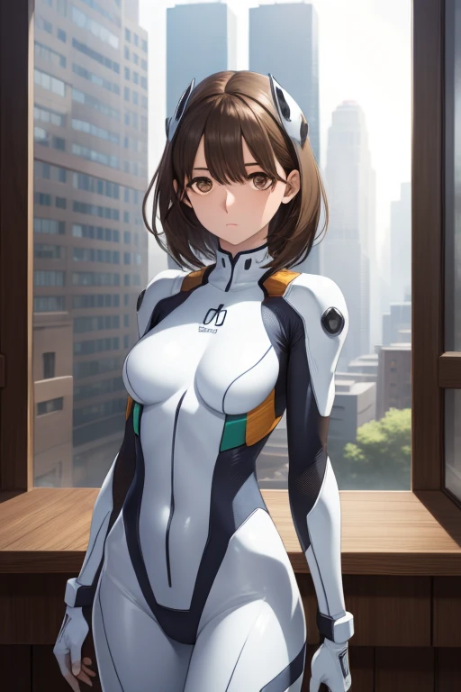 chestnut hair, short hair, (brown eyes:1.5),cowboy shot、
BREAK bodysuit, headgear, plug suit, white bodysuit,
BREAK outdoors, city,
BREAK looking at viewer, 
BREAK  (table top:1.2), highest quality, High resolution, unity 8k wallpaper, (figure:0.8), (detailed and beautiful eyes:1.6), highly detailed face, perfect lighting, Highly detailed CG, (perfect hands, perfect anatomy),