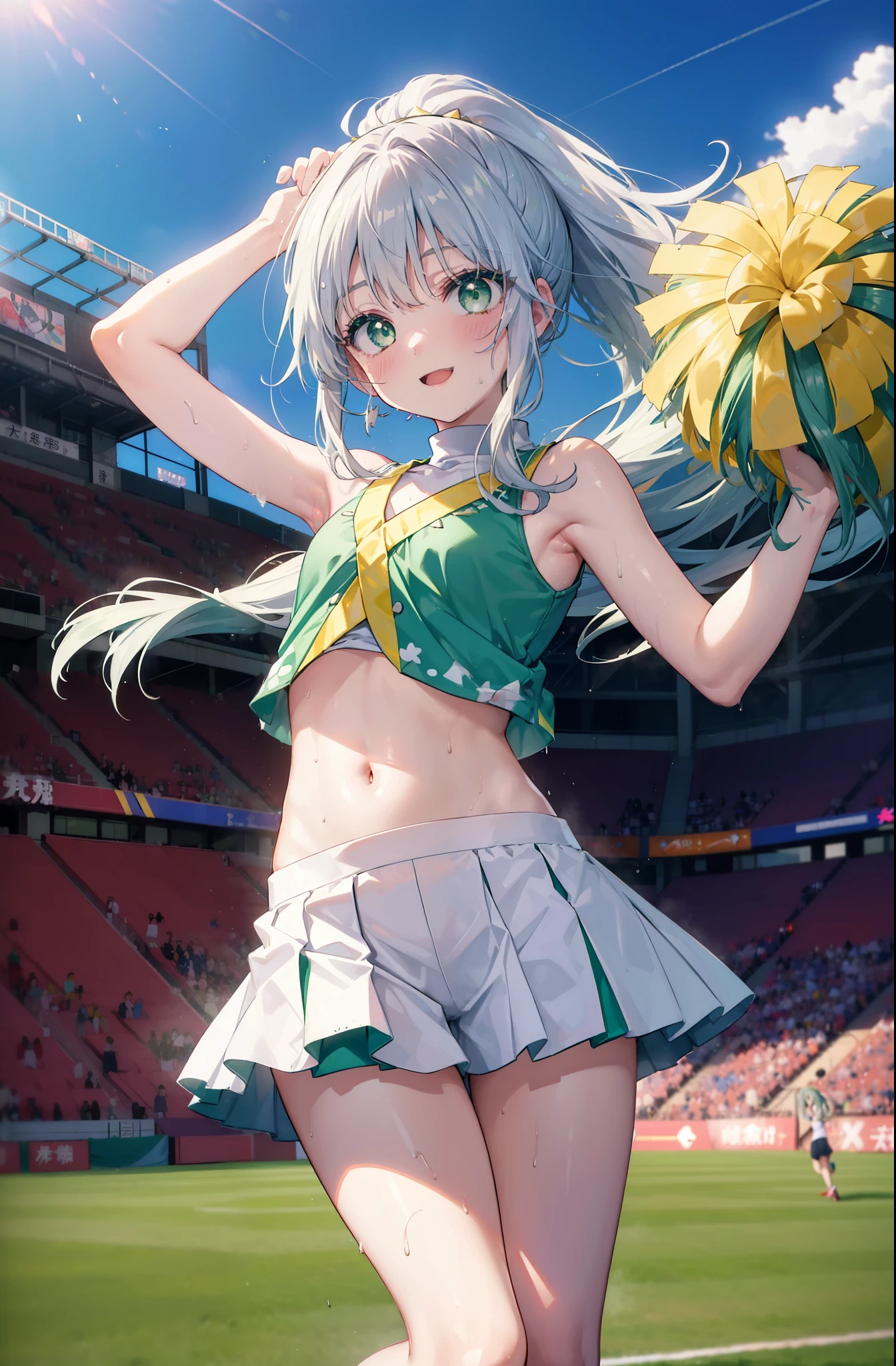 index, index, (green eyes:1.5), silver hair, long hair, (flat chest:1.2),smile,blush,open your mouth,ponytail,(Cheerleader), (whole body), lower, (sweaty), sweaty Wet Clothes, (white clothes), , Belly button support, playground, (jump), (jump), 足を曲げてjumpする, air, blue sky, Grass原, smile,Cheerleader, pom pom \(Cheerleader\), Grass, smile, 
break looking at viewer, Upper body, whole body,
break indoors, stadium,
break (masterpiece:1.2), highest quality, High resolution, unity 8k wallpaper, (shape:0.8), (fine and beautiful eyes:1.6), highly detailed face, perfect lighting, Very detailed CG, (perfect hands, perfect anatomy),