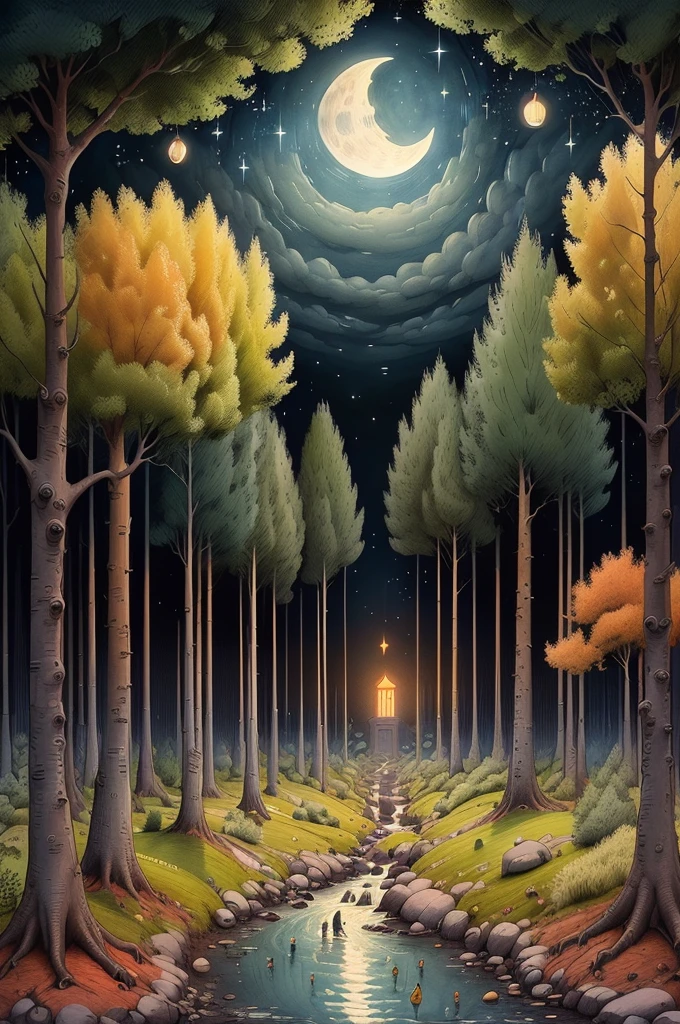 noche pond:1.5, (Obra maestra),(mejor calidad:1.0), (resolución ultra alta:1.0), Ilustración detallada, paisaje detallado, vibrante colors, 8k, noche, nubes lunares, (( mágico, hermoso, árboles:1.4 )), (( mejor calidad, vibrante, 32k de luz y sombras bien definidas)).