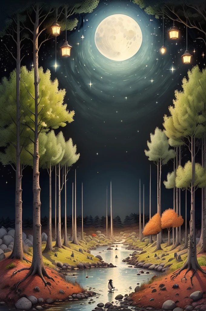 night pond:1.5, (masterpiece),(Best quality:1.0), (Ultra-high resolution:1.0), detailed illustration, detailed landscape, vibrant colors, 8K, night, moon clouds, (( magical, beautiful, trees:1.4 )), (( Best quality, vibrant, 32k light and well-defined shadows)).