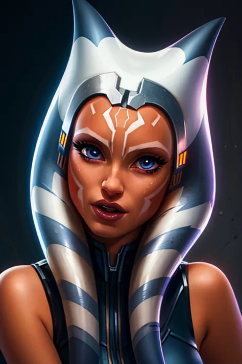 1girl, ahsoka tano, mandalorian armor, sideboob, skinny, leaning forward, close-up, pov, licking finger, naughty face, beautiful...