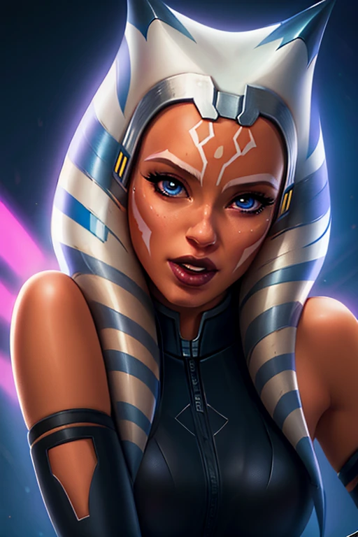 1girl, ahsoka tano, mandalorian armor, sideboob, skinny, leaning forward, close-up, pov, licking finger, naughty face, beautiful face, detailed eyes, depth of field, masterpiece, high quality, highres,  