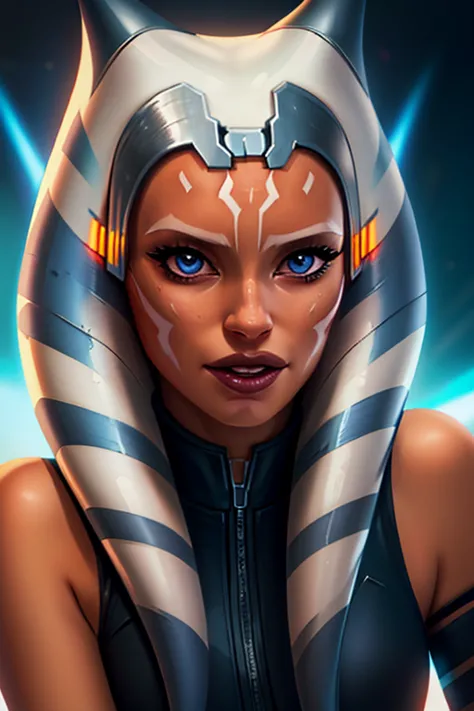 1girl, ahsoka tano, mandalorian armor, sideboob, skinny, leaning forward, close-up, pov, licking finger, naughty face, beautiful...