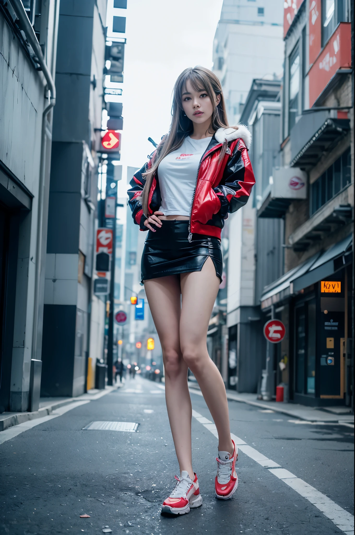 (RAW photos, Best quality, tmasterpiece:1.2), (actual, photo-actual:1.4),(tmasterpiece:1.4),(Best quality:1.4), ((cyber punk Girl)), ,Short white shirt，Open hooded fur-trimmed down jacket，Red miniskirt，((dynamicposes)), (((Cyberpunk city street background))), hair intakes, ((shapeless long hair)), looking at viewert, ssmile, (((upper legs gap))), upper legs, Very long hair, multicolour hair, alice \(Nikke\),(Glowing and radiant skin),actual.