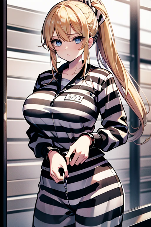 blonde hair, long hair, ponytail, blue eyes, black and white striped jumpsuit, prison uniform, prisoner, prisoned, jailed, jail cell, huge breasts, handcuffed, chained