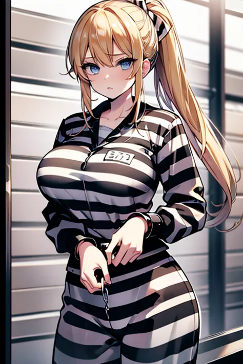 blonde hair, long hair, ponytail, blue eyes, black and white striped jumpsuit, prison uniform, prisoner, prisoned, jailed, jail ...