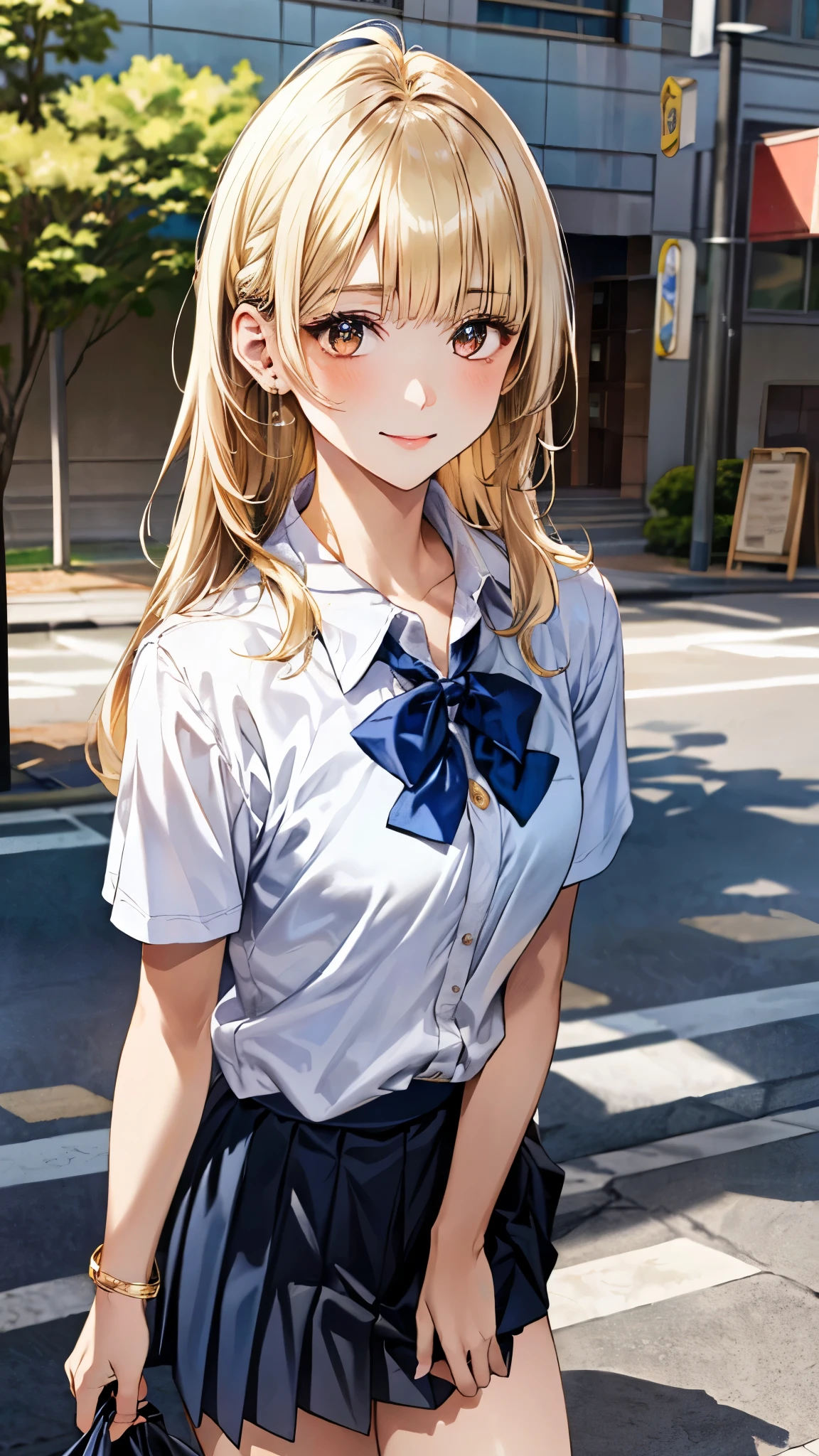 (masterpiece:1.2, top-quality), (realistic, photorealistic:1.4), beautiful illustration, (natural side lighting, movie lighting), 
looking at viewer, full body, front view:0.6, 1 girl, japanese, high school girl, perfect face, cute and symmetrical face, shiny hair, shiny skin, 
(long hair, straight hair, sideburns, ash blonde hair hair), asymmetrical bangs, blunt bangs, (gold eyes), big eyes, long eye lasher, (middle breasts), 
beautiful hair, beautiful face, beautiful detailed eyes, beautiful clavicle, beautiful body, beautiful chest, beautiful thigh, beautiful legs, beautiful fingers, 
((short sleeve white collared shirt, bright blue bow tie, dark blue pleated skirt), wrist chouchou), 
(beautiful scenery), sidewalk, (walking, skirt hold), (false smile), 