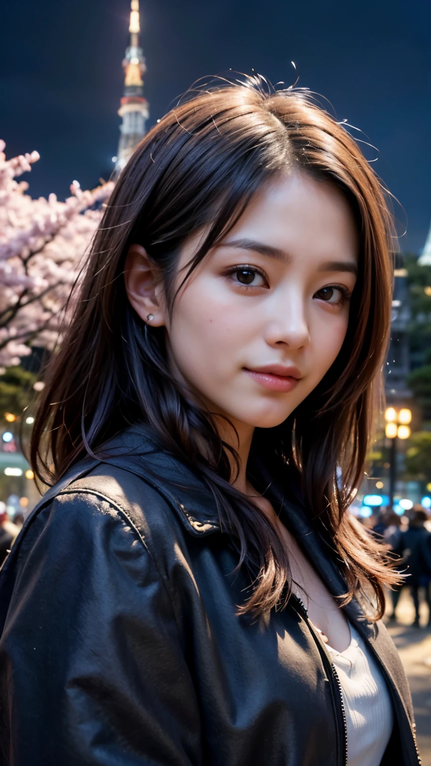 (Close up portrait of one girl in coat。:1.5), (8K, Raw photo, 最high quality, masterpiece), (realistic, photo-realistic), Super detailed, high quality, professional lighting, Physically based rendering photo of an 18 year old female, (1 girl:1.3), (japanese idol:1.3), (cute:1.3), (cute顔:1.3),  (medium hair, dark brown hair), (high definition skin:1.2), (super delicate face, Super delicious, very delicate black eyes, highly detailed nose, Super detailedな口), (Walk along (The very background is Tokyo Tower in the park at night:1.5)), full body shot、(Cherry blossom trees:1.3)、smile