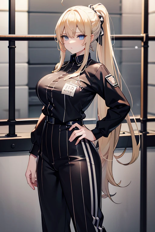 blonde hair, long hair, ponytail, blue eyes, black and white striped jumpsuit, prison uniform, prisoner, prisoned, jailed, jail cell, huge breasts