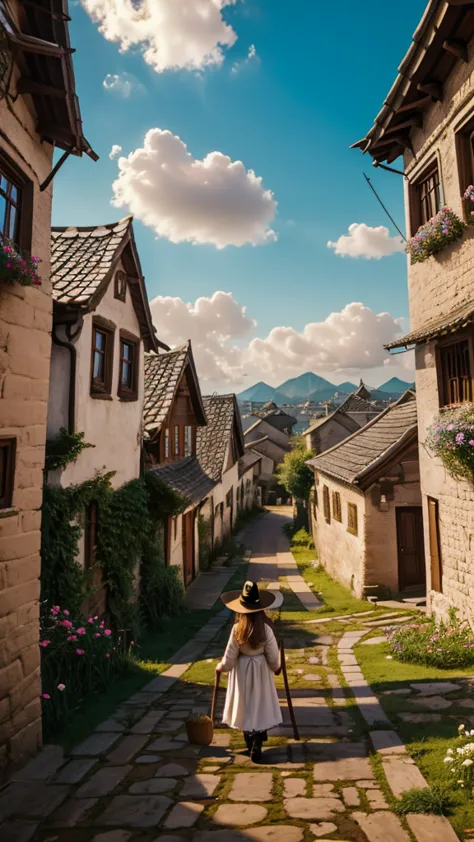 the result is a picture of a beautiful witch girl carrying a wand, first person view, with a view of an ancient village, accompa...